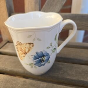 Fritillary Lenox White Mug with Blue Floral and Yellow Butterfly